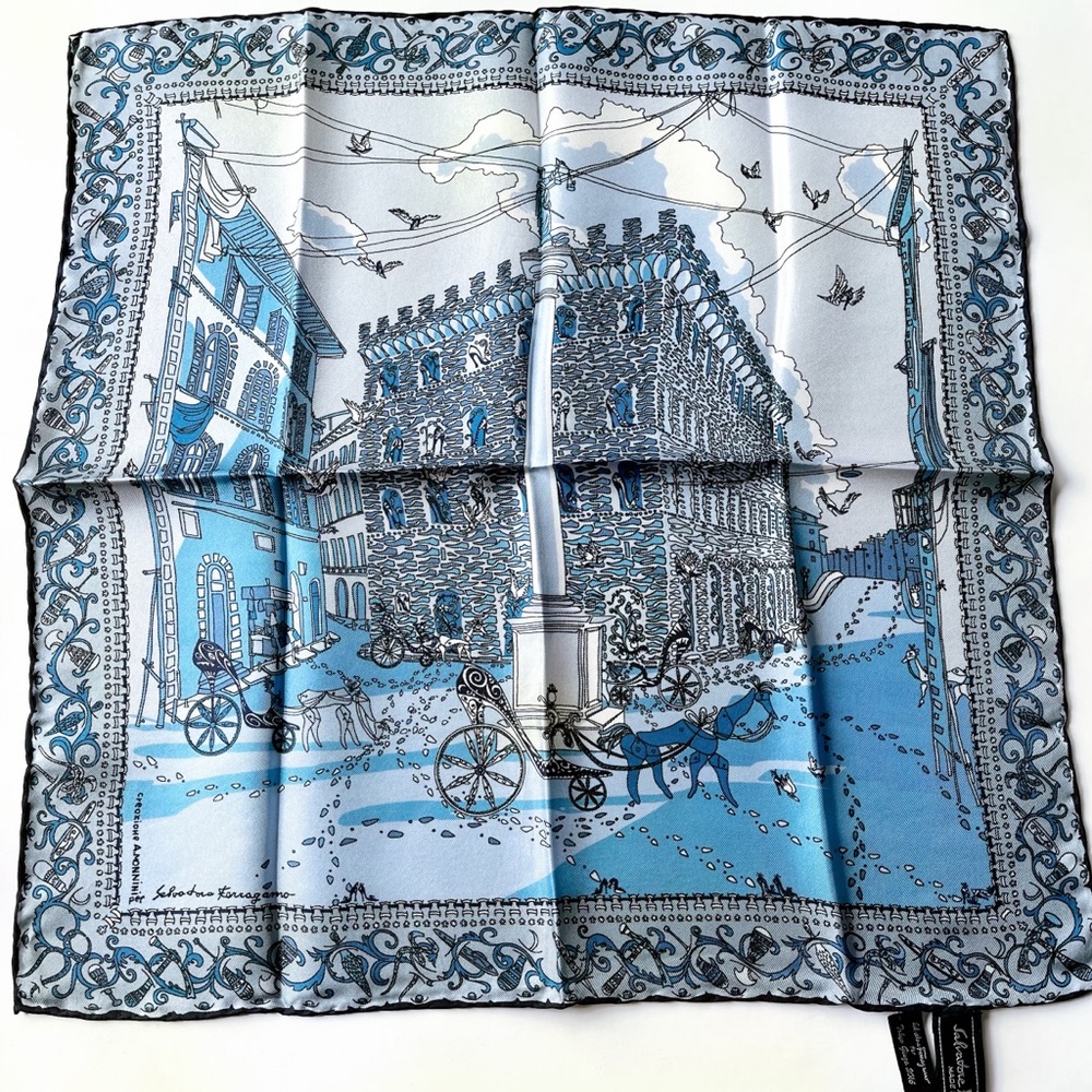 Salvatore Ferragamo Blue, White and Black Scenic Silk Scarf